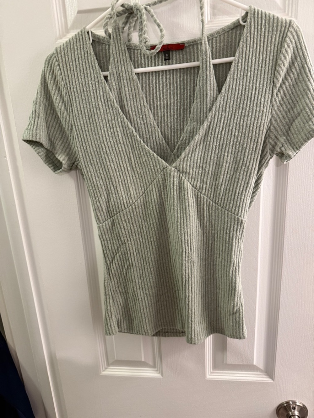 Ribbed V-Neck Short Sleeve Top - Sage Green